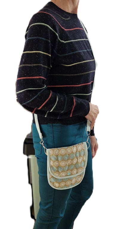 Turquoise, beige &  white crossbody bag with long strap ideal for holiday items