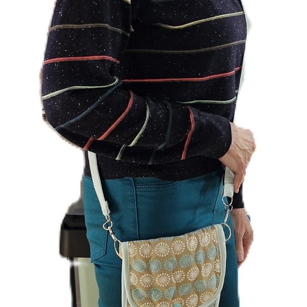 Turquoise, beige &  white crossbody bag with long strap ideal for holiday items