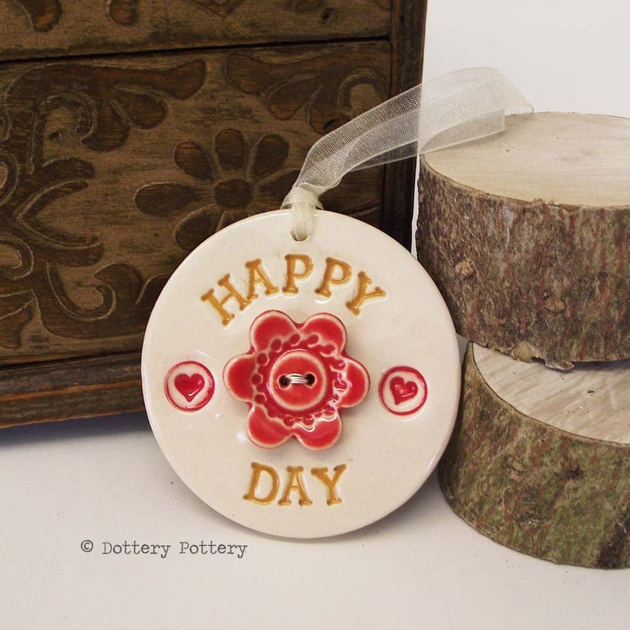 Pottery Decoration with flower button Happy Day