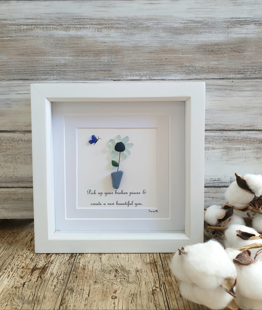 Seaglass and seapottery flower framed art "BROKEN PIECES"  