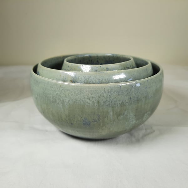 Green blue set of three small ceramic pottery nesting bowls