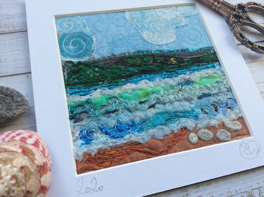 Embroidered up-cycled seascape.  