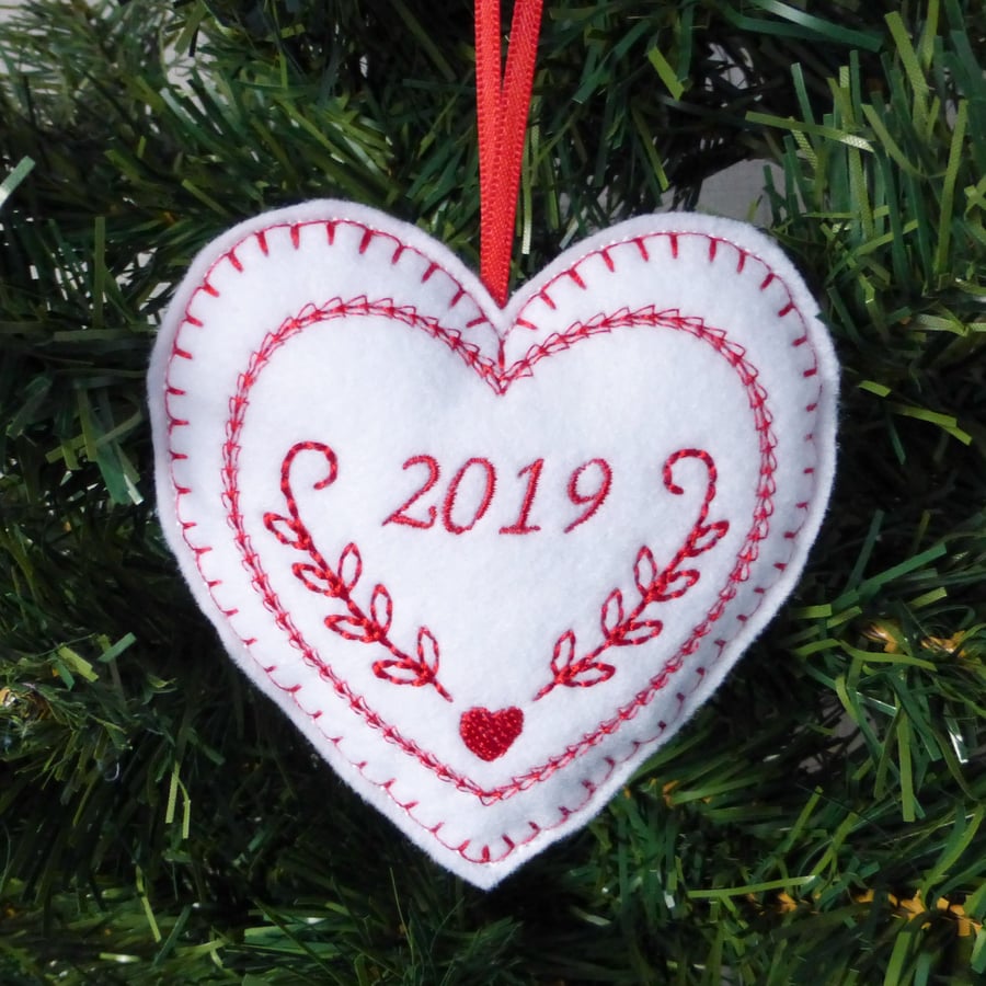 Embroidered heart decoration, 2019, felt.