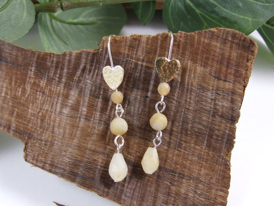 Heart Dropper Earrings, Sterling Silver and Brass with Citrine, Amazonite & Jade