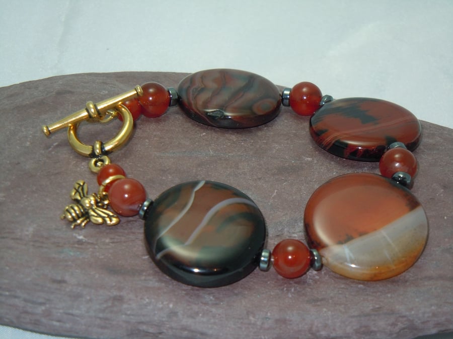 Gemstone banded Agate & Hematite beads with gold plate TierraCast bee charm