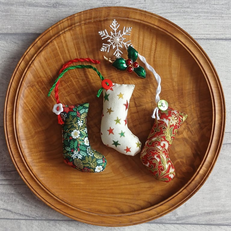 Three Scrapbox Stockings, Mini Stocking Christmas Tree Decorations