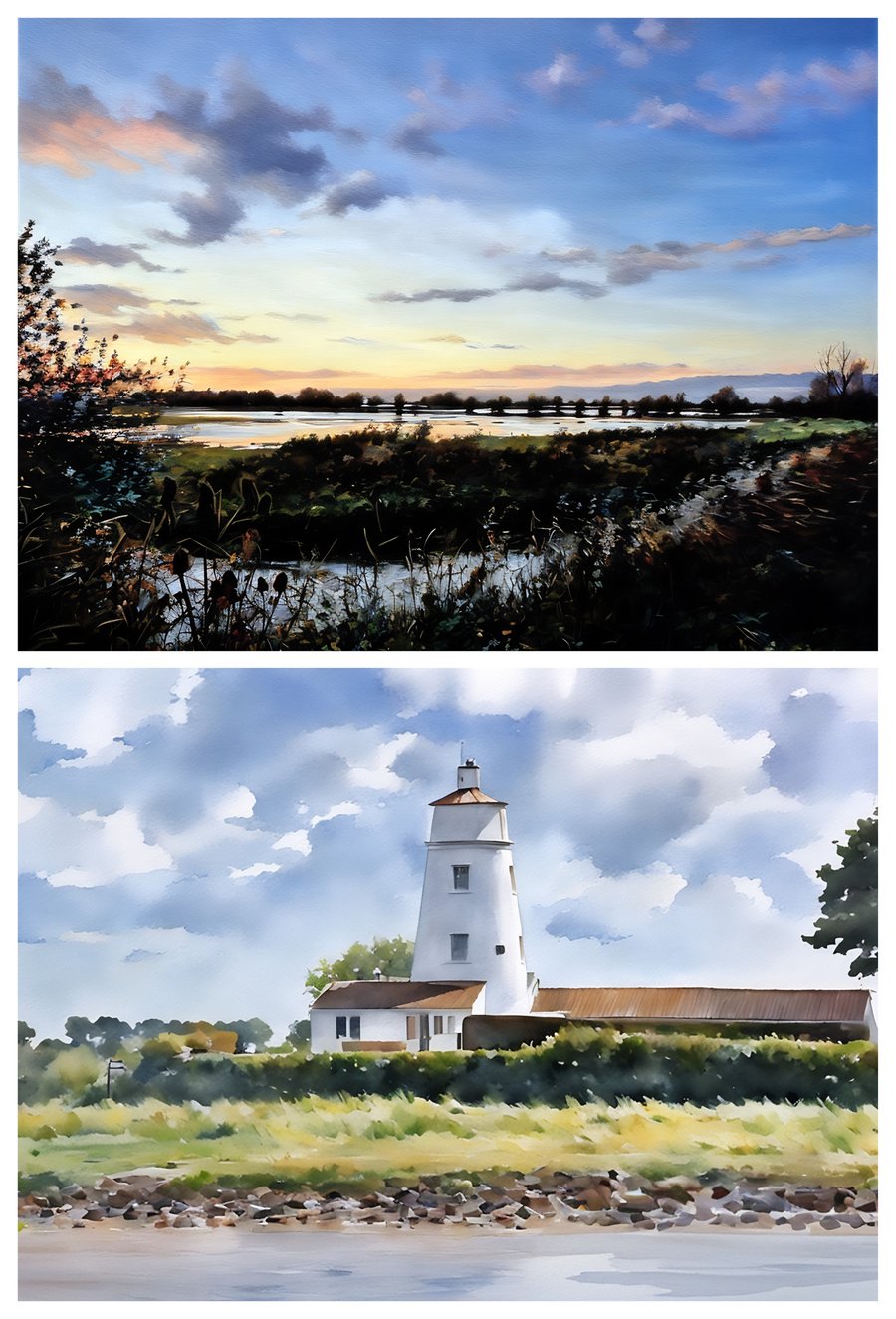 Pack of 2 A5 Greeting Cards Welney Norfolk & Lighthouse The Washes 