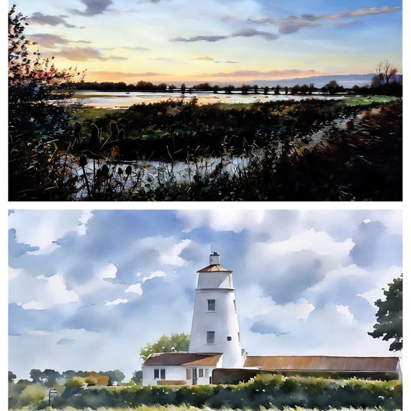Pack of 2 A5 Greeting Cards Welney Norfolk & Lighthouse The Washes 