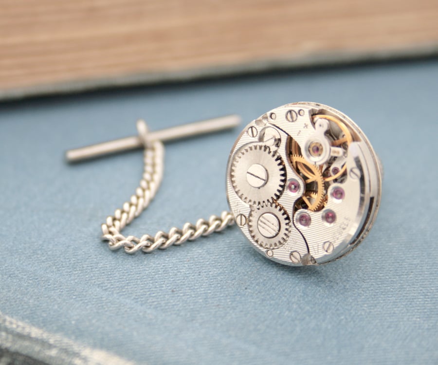 Tie Tack with Steampunk Watch Movement