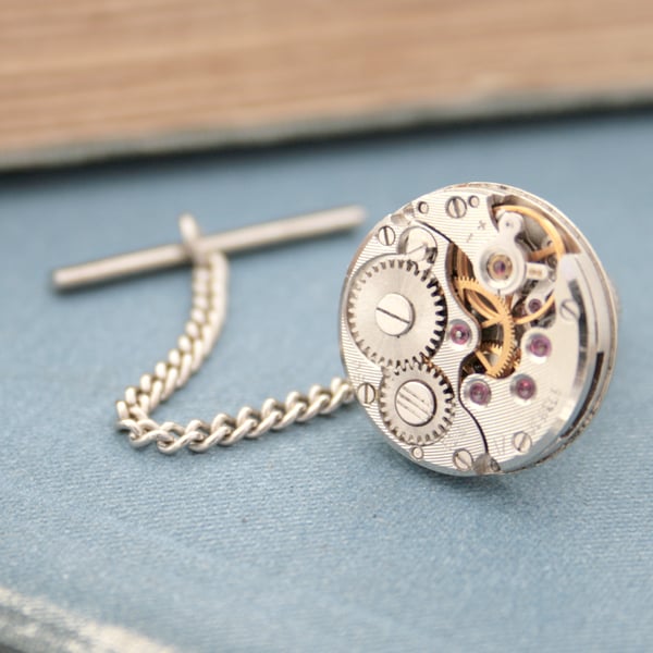 Tie Tack with Steampunk Watch Movement