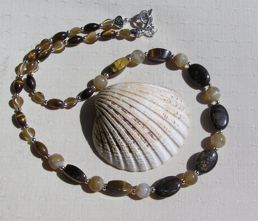 Bronzite, Coffee Agate, Gold Tiger Eye & Cat's Eye Gemstone Beaded Necklace