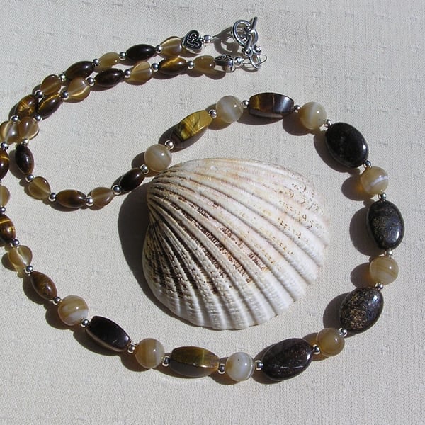 Bronzite, Coffee Agate, Gold Tiger Eye & Cat's Eye Gemstone Beaded Necklace