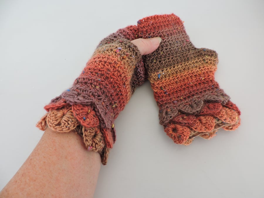 Crochet Fingerless Mitts Dragon Scale Cuffs Russet Brown and Orange