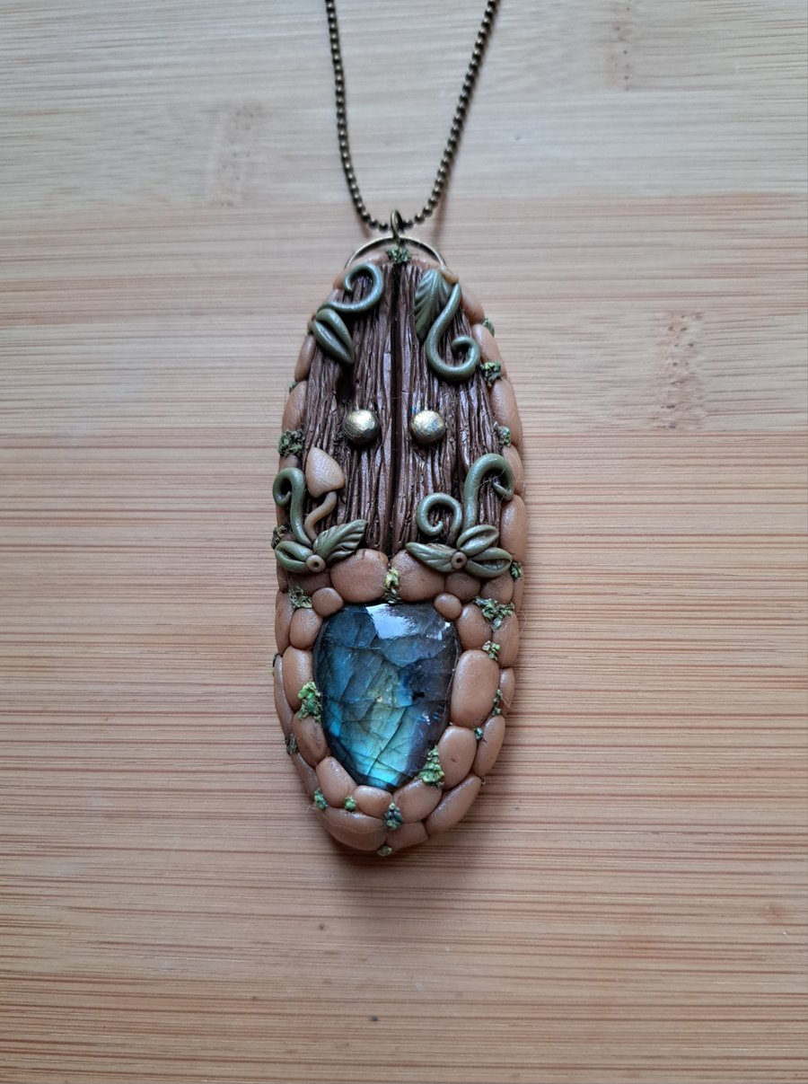 Labradorite Crystal and Polymer Clay Fairy Door Amulet Pendant