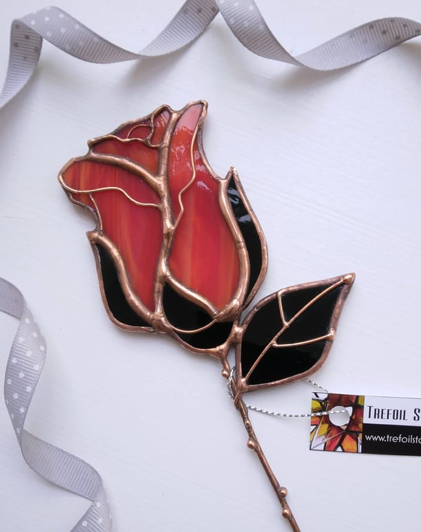 Stained Glass Red Rosebud - handmade in Hampshire