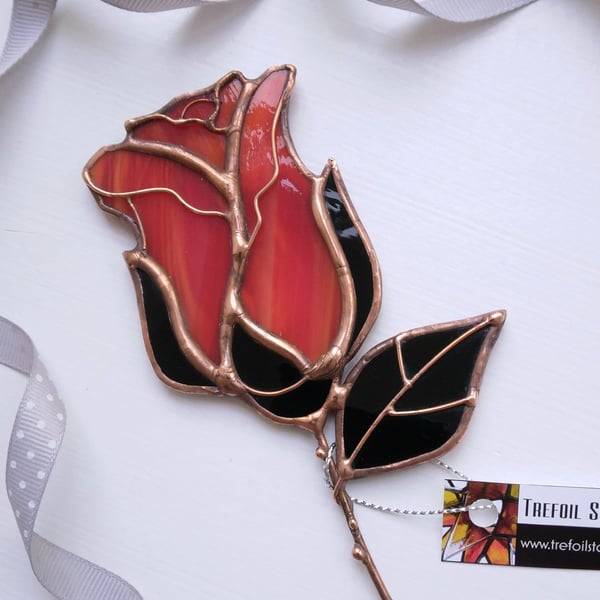 Stained Glass Red Rosebud - handmade in Hampshire
