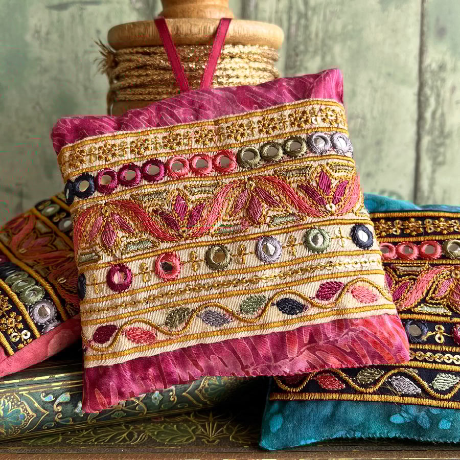 Handmade lavender bag, Indian embroidered trim, scented gift