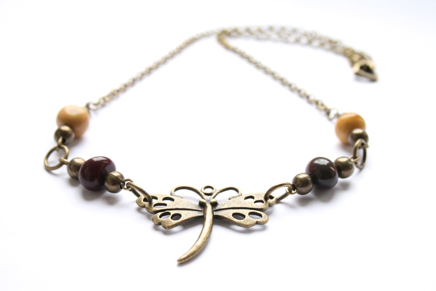 SALE - Dragonfly necklace, bronze necklace, Moukaite necklace