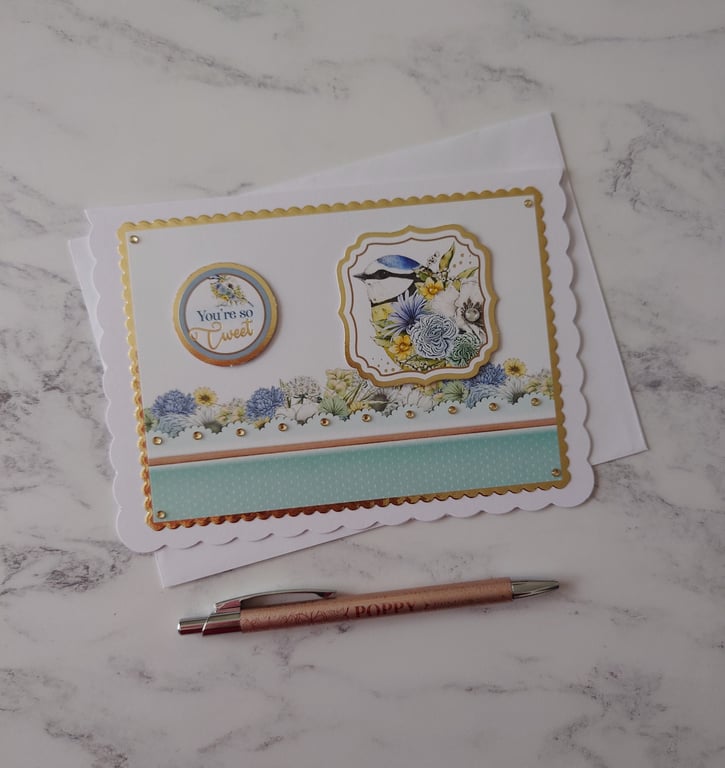 You're So Tweet Bird Blue Tit Flowers 3D Luxury Handmade Card