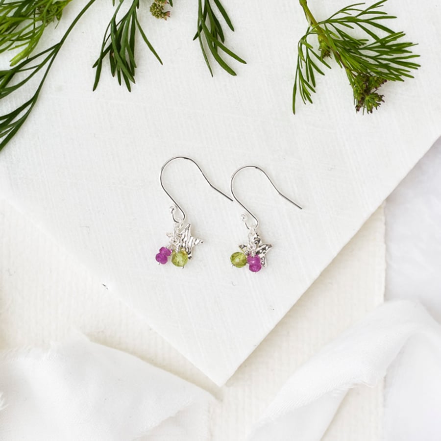 Tiny Star with Pink Sapphire and Peridot Cluster Earrings