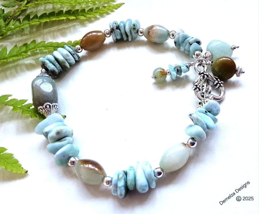 Designer Artisan Larimar & Amazonite Bracelet Silver Plated 