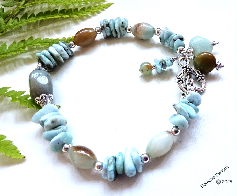 Designer Artisan Larimar & Amazonite Bracelet Silver Plated 