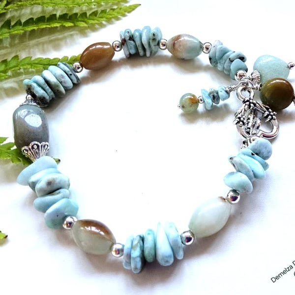 Designer Artisan Larimar & Amazonite Bracelet Silver Plated 