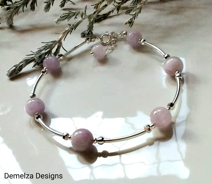 Designer Natural Kunzite Hand Crafted Sterling Silver Bracelet 
