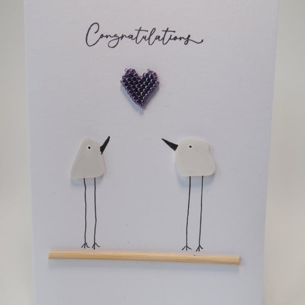 Sea Glass Birds Purple Lustre Heart Congratulations Card C404