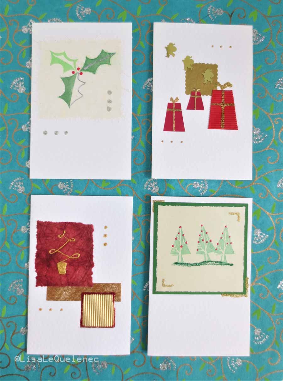 SALE four pack of Christmas cards gift boxes, holly and trees  red and green (h)