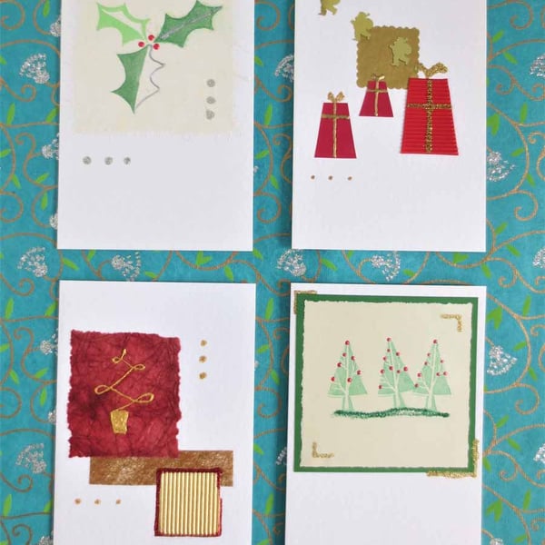 SALE four pack of Christmas cards gift boxes, holly and trees  red and green (h)