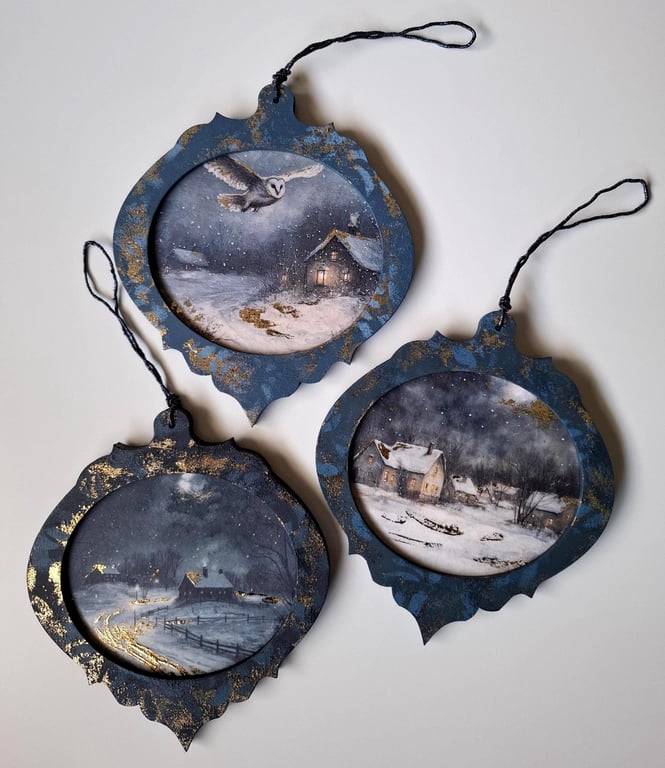 Set of 3 Owl & Winter Cottage Christmas Ornaments, Decoupaged Wooden Tree Decor