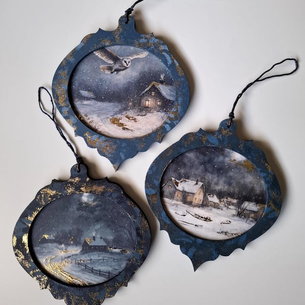 Set of 3 Owl & Winter Cottage Christmas Ornaments, Decoupaged Wooden Tree Decor