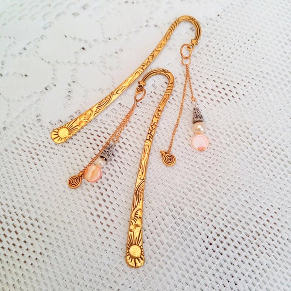 Sun & Moon Gold Plated Bookmark with Pearl & Mother of Pearl Bead & Gold Circle 