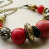 Chunky Red and Coral Mixed Metal Beaded Necklace   KCJ667
