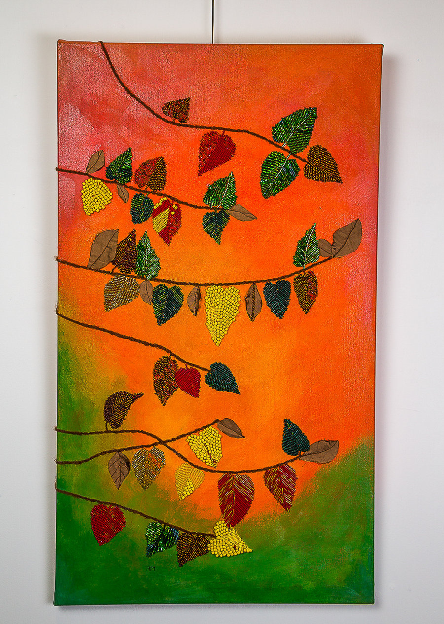 Mixed media textile painting Autumn leaves