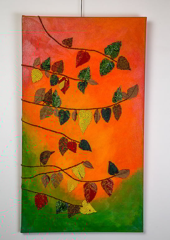 Mixed media textile painting Autumn leaves