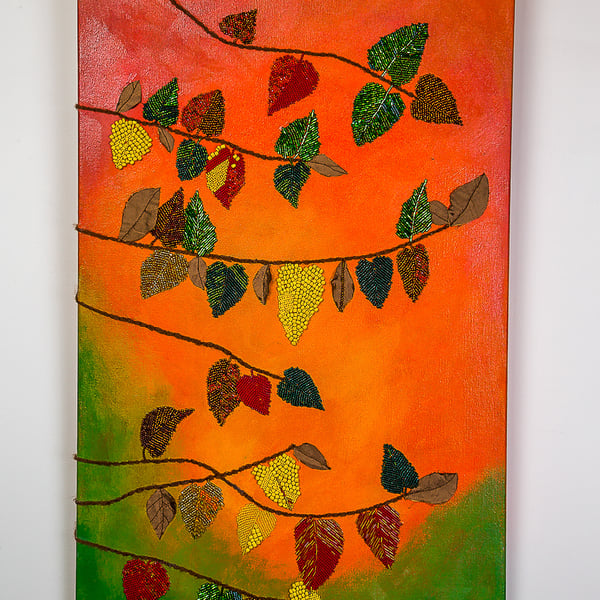 Mixed media textile painting Autumn leaves