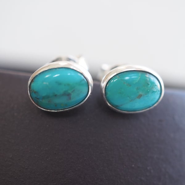 Earrings, Oval Silver Turquoise Stud Earrings, ARC Jewellery