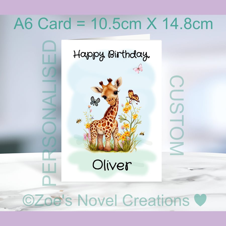 Birthday Giraffe Greetings Card, personalised, A6 10.5cm x 14.8cm