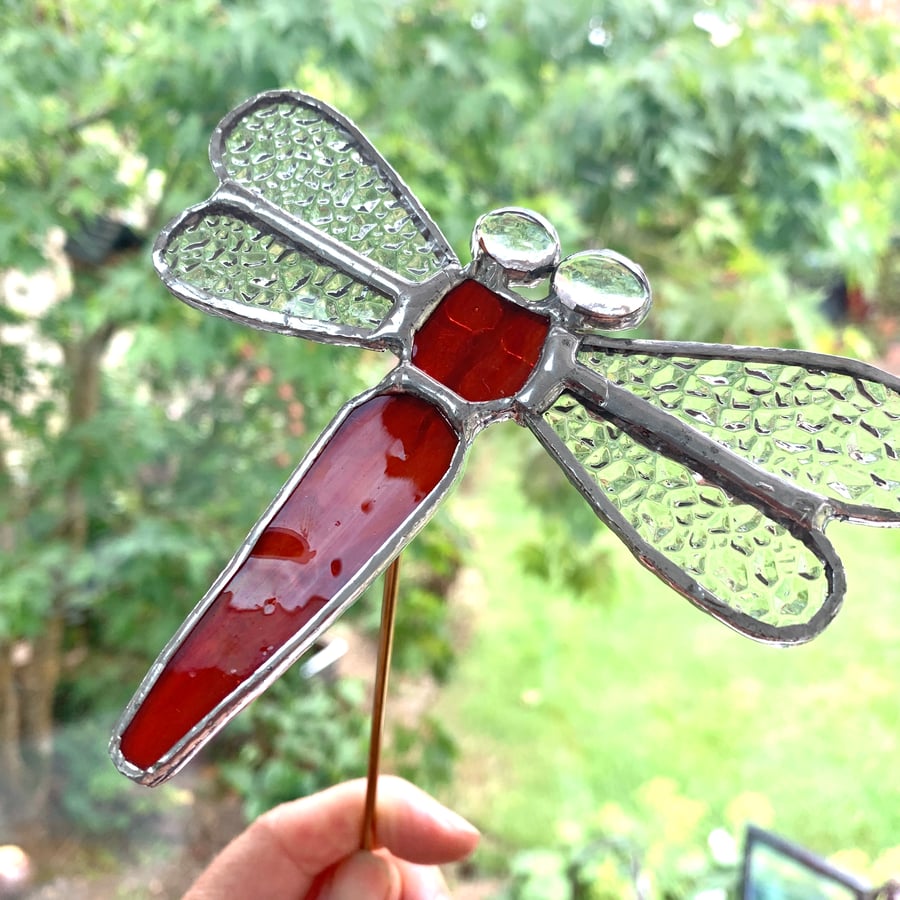 Stained  Glass Dragonfly Stake - Handmade - Plant Pot Decoration - Rusty Red