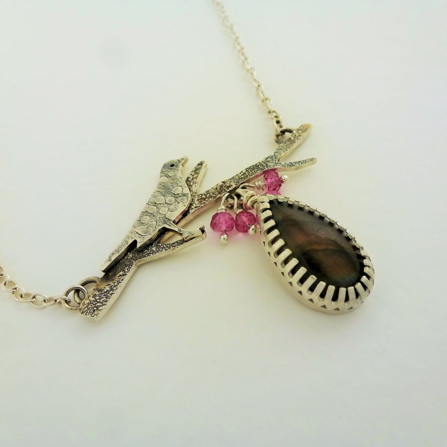 Silver bird on a branch necklace