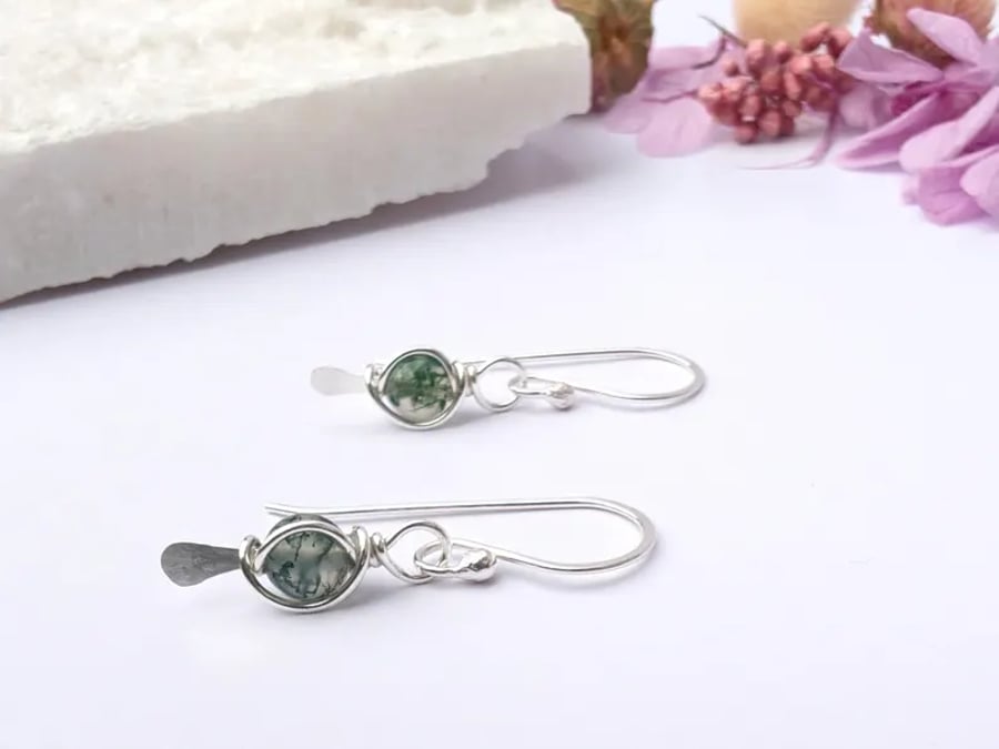 MOSS AGATE Earrings Sterling Silver, Wire Wrapped Moss Agate Earrings