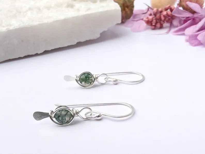 MOSS AGATE Earrings Sterling Silver, Wire Wrapped Moss Agate Earrings