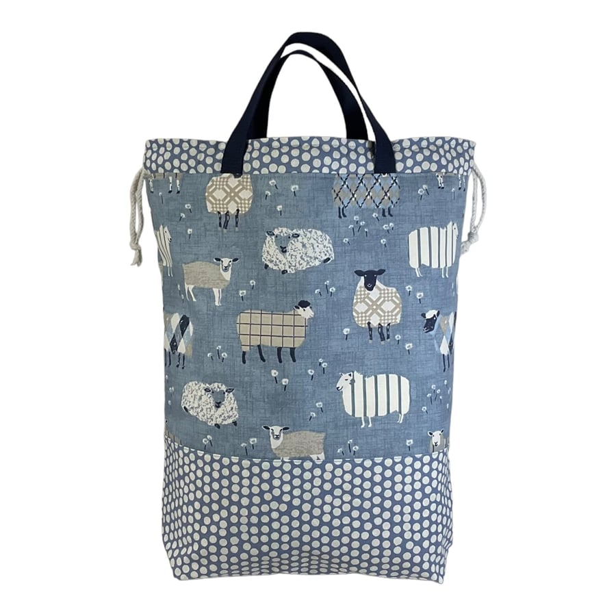 XXL drawstring knitting bag with Natural coloured sheep print, supersized multi 