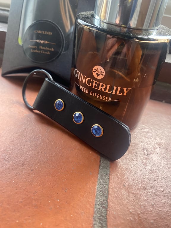 Keyring Italian black leather and Blue Crystals