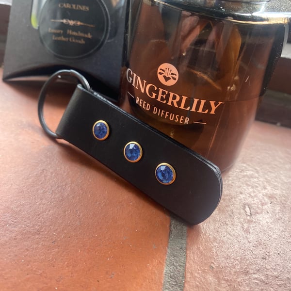 Keyring Italian black leather and Blue Crystals