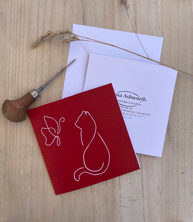 Lino Print Cat and Butterfly card