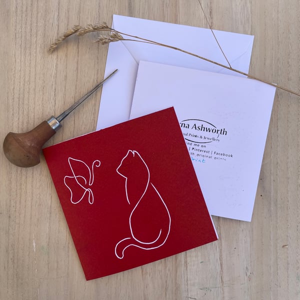 Lino Print Cat and Butterfly card