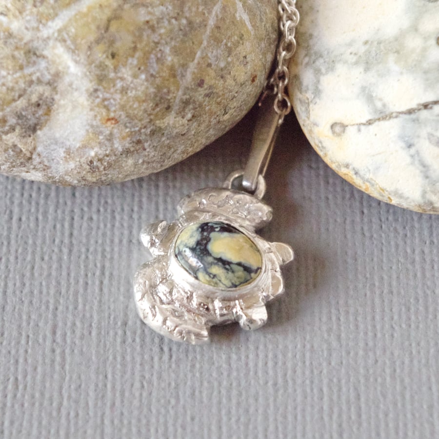Chunky Recycled Silver Turtle Pendant Lander Turquoise On Sterling Silver chain